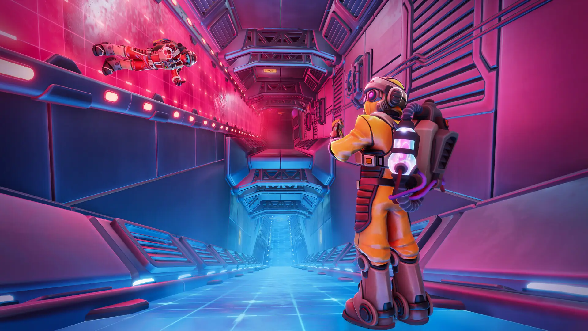Cyan rift light through a magenta Norcek corridor