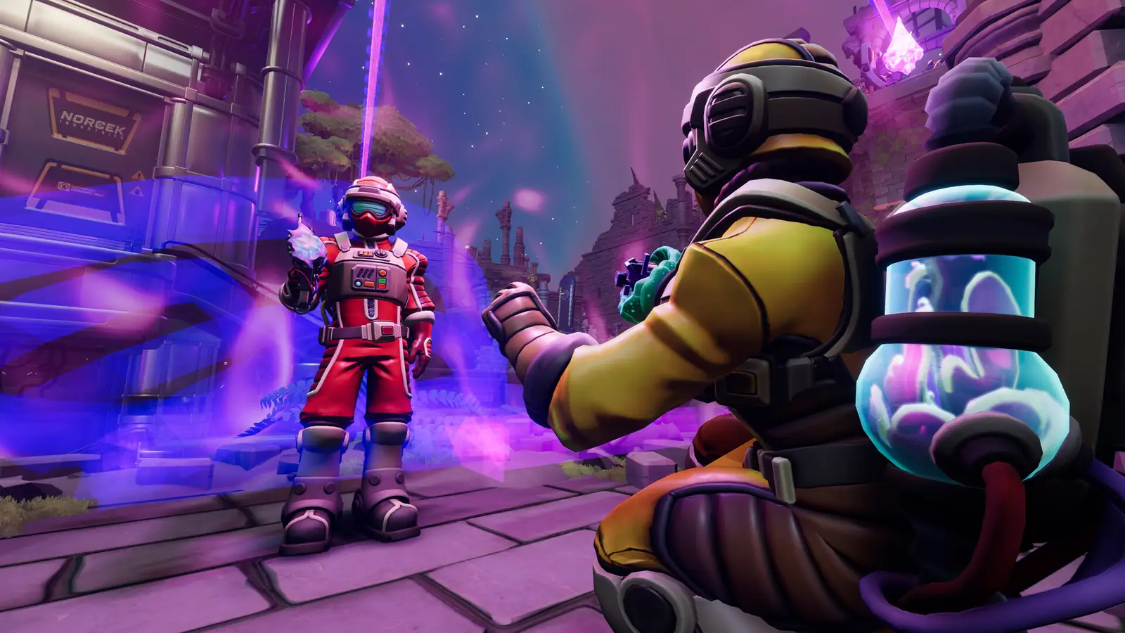 Two Explorers standing in rift light